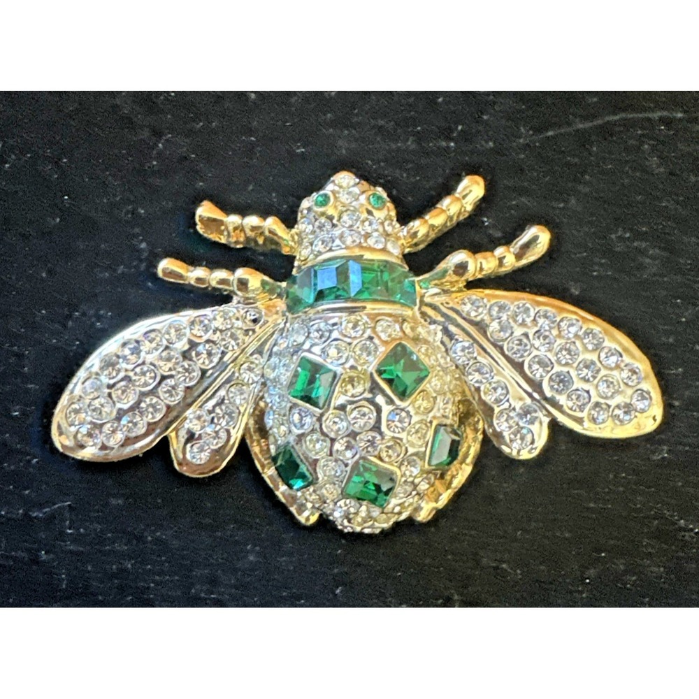LGE CRYSTAL FAUX EMERALD BEE BUG FLY FIGURAL 2.75" GOLD PLATED PIN BROOCH
